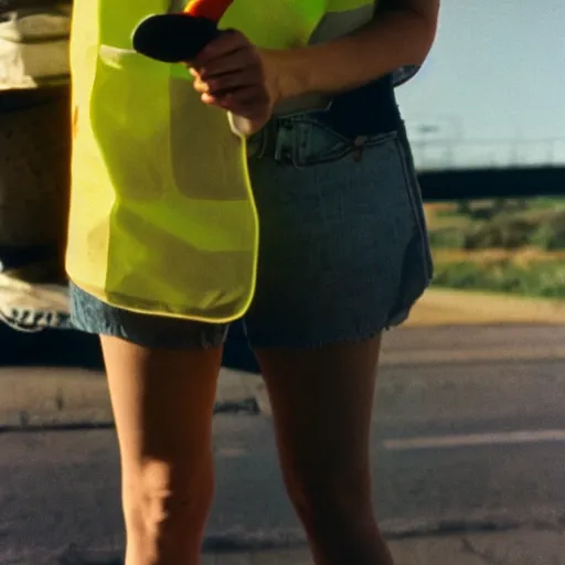 Prompt: photo, close up, emma watson in a hi vis vest picking up trash on the side of the interstate, portrait, kodak gold 2 0 0,