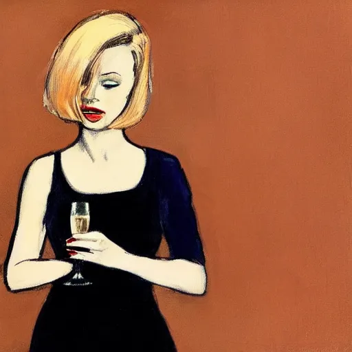 Prompt: a beautiful woman with champagne - colored hair in the style of hopper