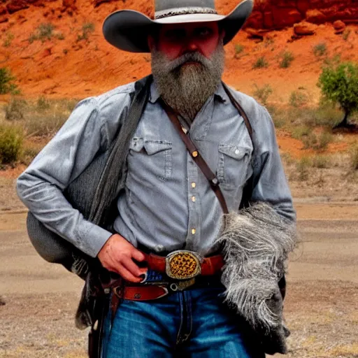 Prompt: rough-grey-bearded-evil-cowboy at the Rio Grande