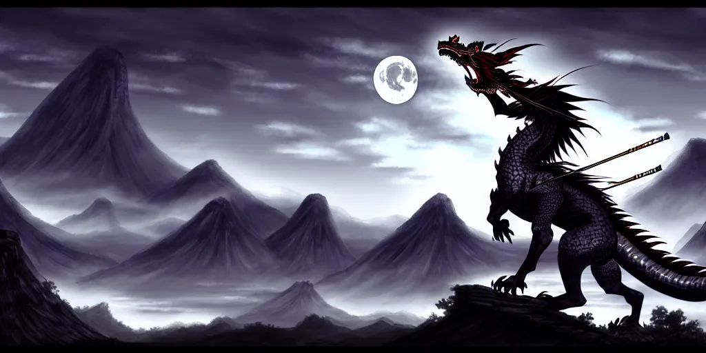 Image similar to korean archer. asian dragon. night sky. moon. river. mountain. dark fantasy. high resolution. dungeons and dragons. fantasy. detailed. digital art. dark fantasy. kentaro miura