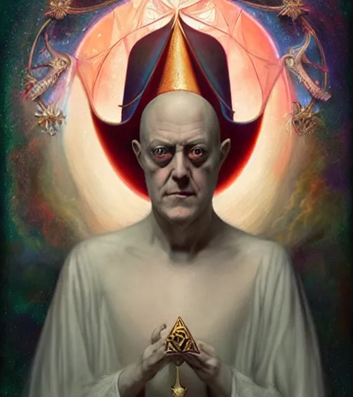 Image similar to A Magical Portrait of Aleister Crowley as the Great Mage of Thelema, art by Tom Bagshaw and Keith Parkinson and Daniel Dos Santos