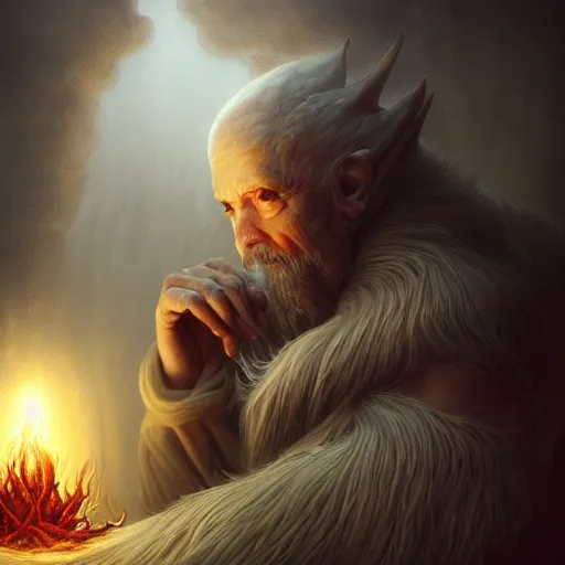 Prompt: by artgerm and agostino arrivabene, visually stunning, cinematic, ultra realistic, hyper realism, epic, octane render, unreal engine, vfx, a old druid preparing potion, fungal enchanter, murloc tinyfin, dread infernal, wee whelp, battle ram