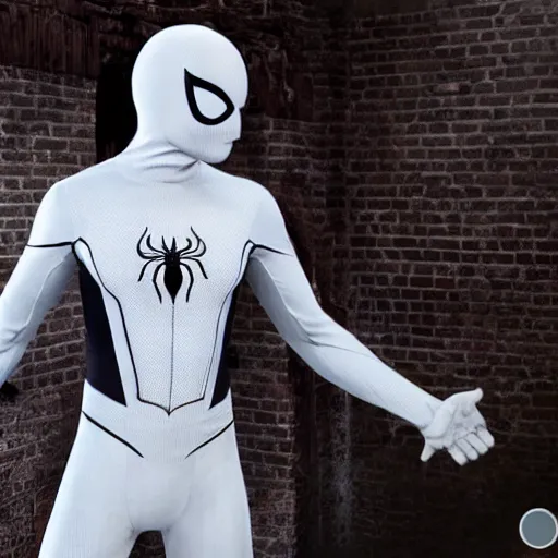 Image similar to white spider - man suit with black web lining, cinematic, volumetric lighting, realistic, hyperdetailed, photorealistic, photograph