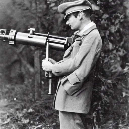 Prompt: old wartime photograph of mr bean holding a lewis gun, 1 9 1 7