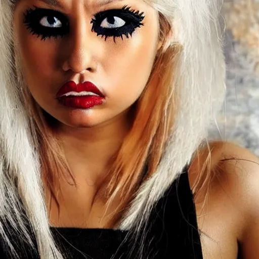 Image similar to hot tribal warrior cute girl big eyes pouty lips tanned skin white hair