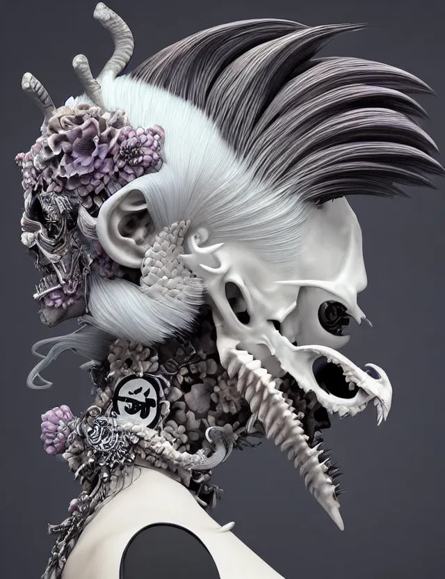 Image similar to 3 d goddess close - up profile simple portrait punk with mohawk with goat skull. beautiful intricately detailed japanese crow kitsune mask and clasical japanese kimono. betta fish, jellyfish phoenix, bio luminescent, plasma, ice, water, wind, creature, artwork by tooth wu and wlop and beeple and greg rutkowski