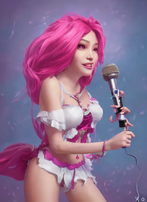 Image similar to joyful seraphine, from league of legends, pink hair, au naturel, studio microphone, new musical instruments, hyper detailed, digital art, trending in artstation, cinematic lighting, studio quality, smooth render, unreal engine 5 rendered, octane rendered, art style by klimt and nixeu and ian sprigger and wlop and krenz cushart