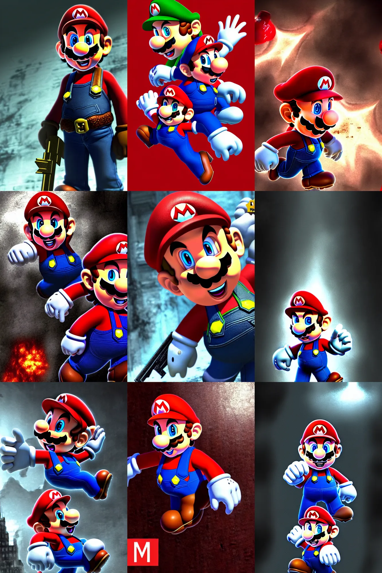 Prompt: super mario in resident evil, unsettling horror, anime key visual, detailed armor, makoto shinkai, portrait