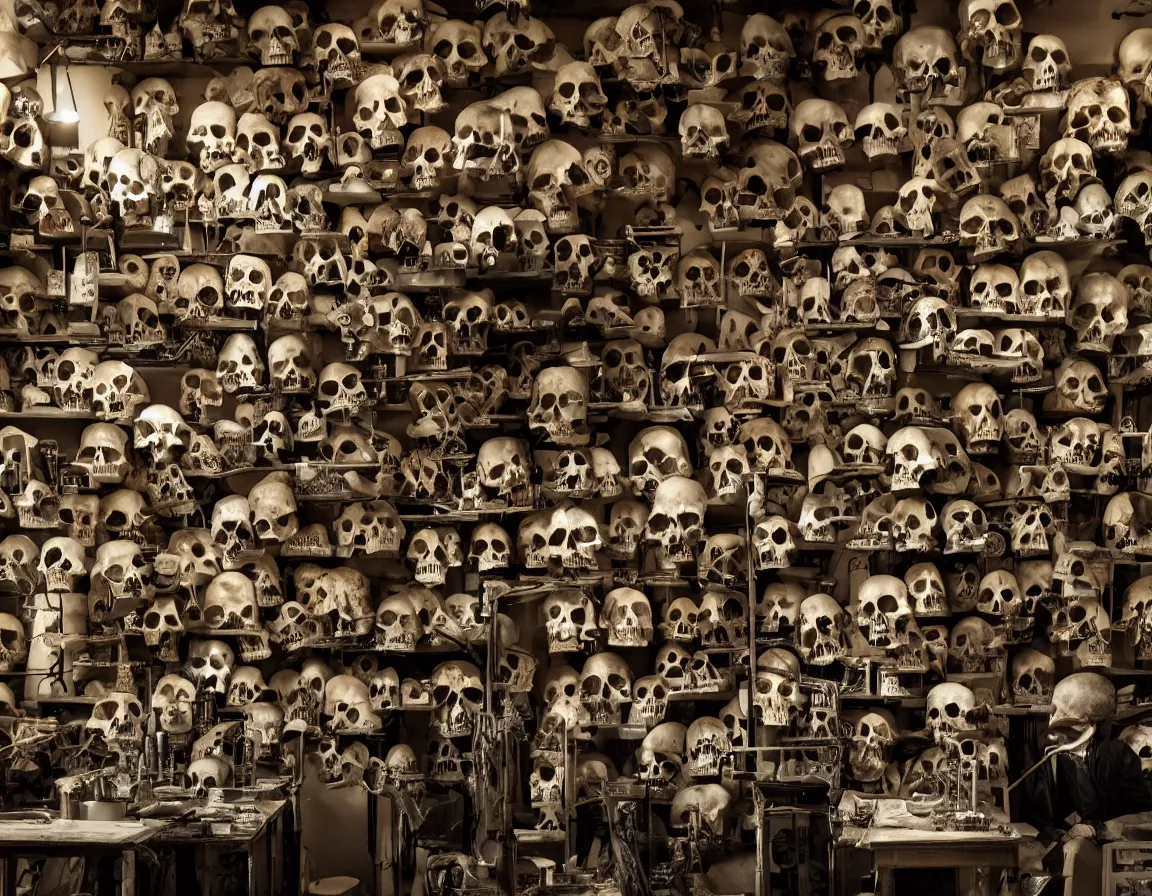 Image similar to mad scientist hunched over a table in his laboratory, surrounded by dozens of shelves of skulls, all different sizes and shapes. Eerie lighting, photographic, cinematic, dramatic, establishing shot