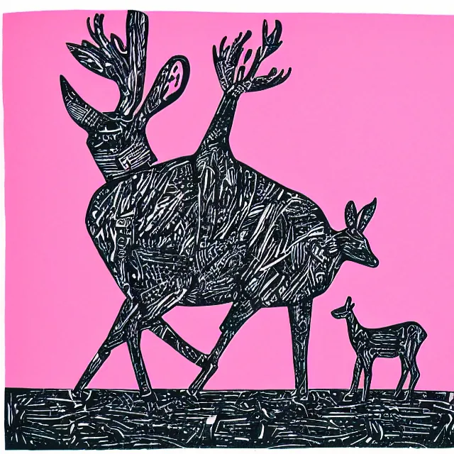 Image similar to linocut of a robot and a deer. pink, black and white color pallette.