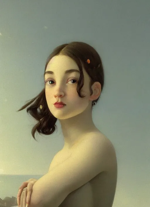 Image similar to hyper detailed 3 d render like a oil painting - cute portrait of a brunette named emma, italian looking, looking at camera, symmetrical face, long brunette hair, nose ring, a smiling cow looking over her shoulder by ryden, kawase hasui, dorothea tanning, edward hopper and james gilleard, aivazovsky, beksinski, outram, artstation