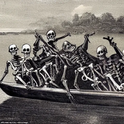 Image similar to action scene : an army of skeletons rising from the warter, climbiong on top of a rowing boat on which two suited gentleman stand. one of the gentleman raises his arm, channeling a blinging light, by alfred stevens, charcoal