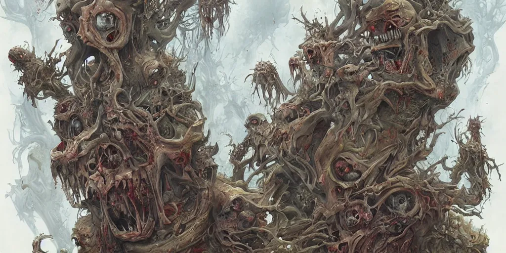 Image similar to A horror illustration layout design of a group of zombies melting into each other by Peter Mohrbacher and andrew ferez and Maximilian Pirner and aaron horkey and peter gric,trending on pinterest,medieval,rococo,maximalist,glittering,feminine