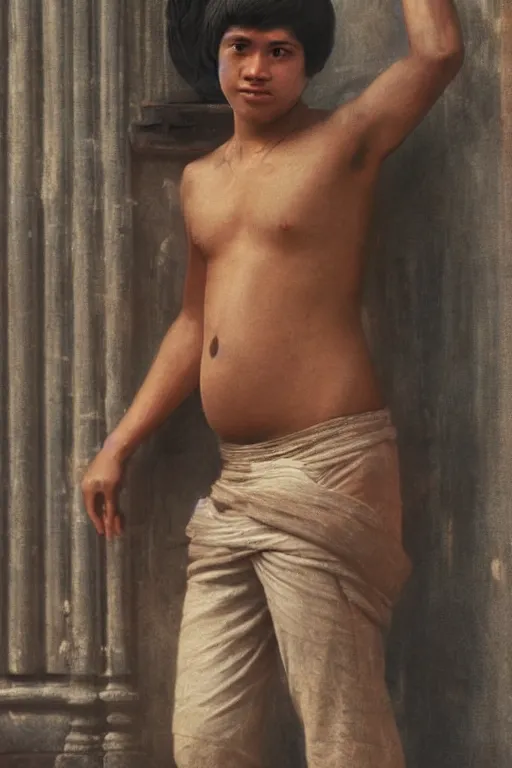 Image similar to Full-length portrait of a handsome young pregnant male on the streets of Bangkok, historically reliable photo chronicle, 1975, ultra detailed digital art, octane render, 4K, by John William Waterhouse and Edwin Longsden Long and Theodore Ralli and Nasreddine Dinet