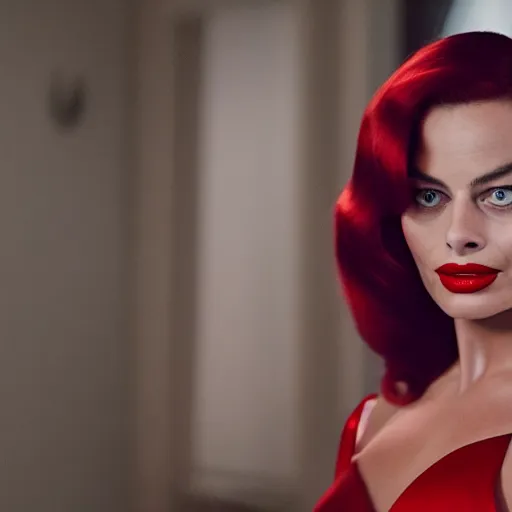 Image similar to Full shot of Margot Robbie as Jessica Rabbit, still from a live action movie, 50mm, f2.8, panavision, cinematography