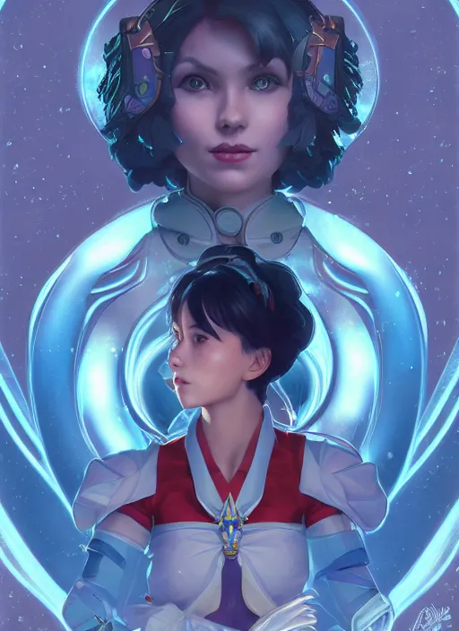 Image similar to symmetry!! portrait of sailor mercury! alien in the style of horizon zero dawn, machine face, intricate, elegant, highly detailed, digital painting, artstation, concept art, smooth, sharp focus, illustration, art by artgerm and greg rutkowski and alphonse mucha, 8 k