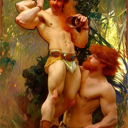Image similar to attractive muscular ginger hair mike and muscular attractive brunet hair ty, drinking their hearts out, boys night out. highly detailed painting by gaston bussiere, craig mullins, j. c. leyendecker, alphonse mucha 8 k