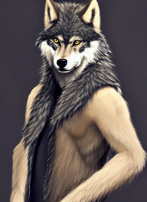 Image similar to award winning beautiful portrait commission of a male furry anthro wolf fursona with a bushy tail and a leather jacket, cute, beautiful, attractive, detailed,