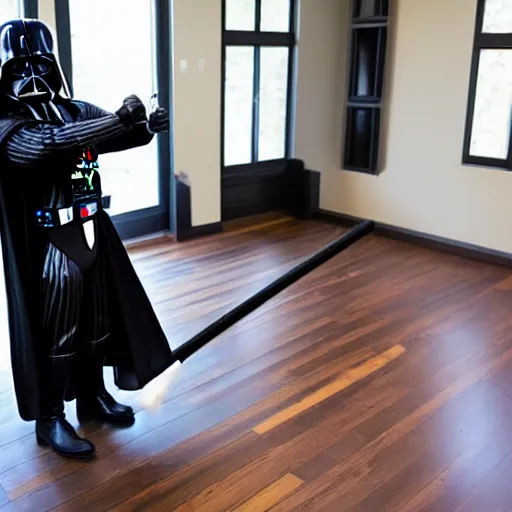 Image similar to a photo of darth vader mopping the wooden floor