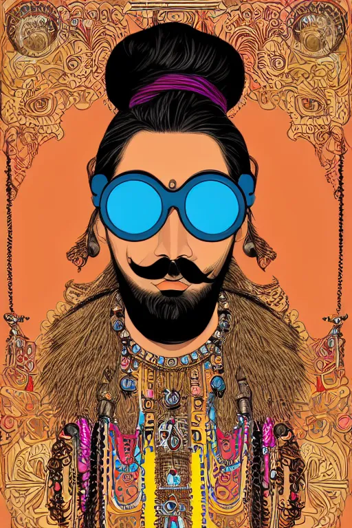 Image similar to face portrait of a rajasthani man with long neon moustache and beard and rajasthani pagdi wearing steampunk goggles and jewelry having lots of tattoos and earrings, art by butcher billy and mucha, sticker, colorful, illustration, highly detailed, simple, smooth and clean vector curves, no jagged lines, vector art, smooth
