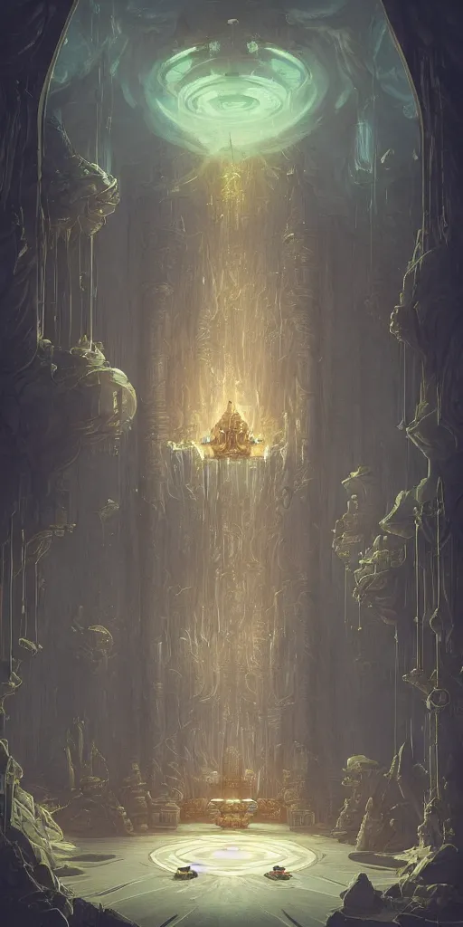 Image similar to Detailed Interior of the Jupiter gaseous throne room, curling gas, light shafts, glowing throne, stunning atmosphere, in Style of Peter Mohrbacher, cinematic lighting