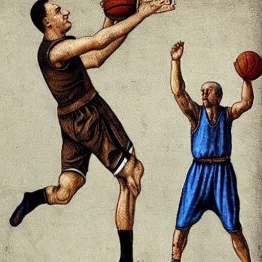 Prompt: hitler playing basketball, realistic, detailed, colored by da vinci