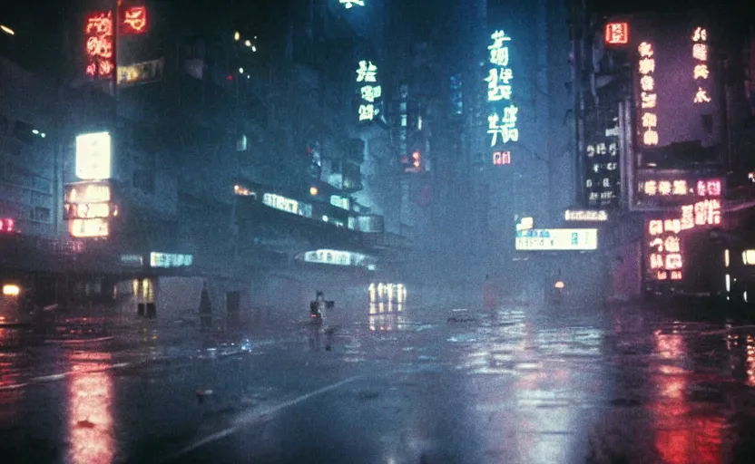 Image similar to 35mm atmospheric urban photographic landscape of Hong Kong 20XX, Blade Runner 1982 city, futuristic dystopian megacity skyline, hard rain falling, neon, industrial fires and smog