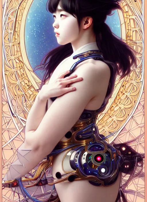 Image similar to hashimoto kanna as a absurdly beautiful cyborg, graceful, sophisticated, complex wiring and circuits, tarot card, highly detailed, digital painting, sharp focus, ultra realistic, 8 k, art by artgerm, alphonse mucha,