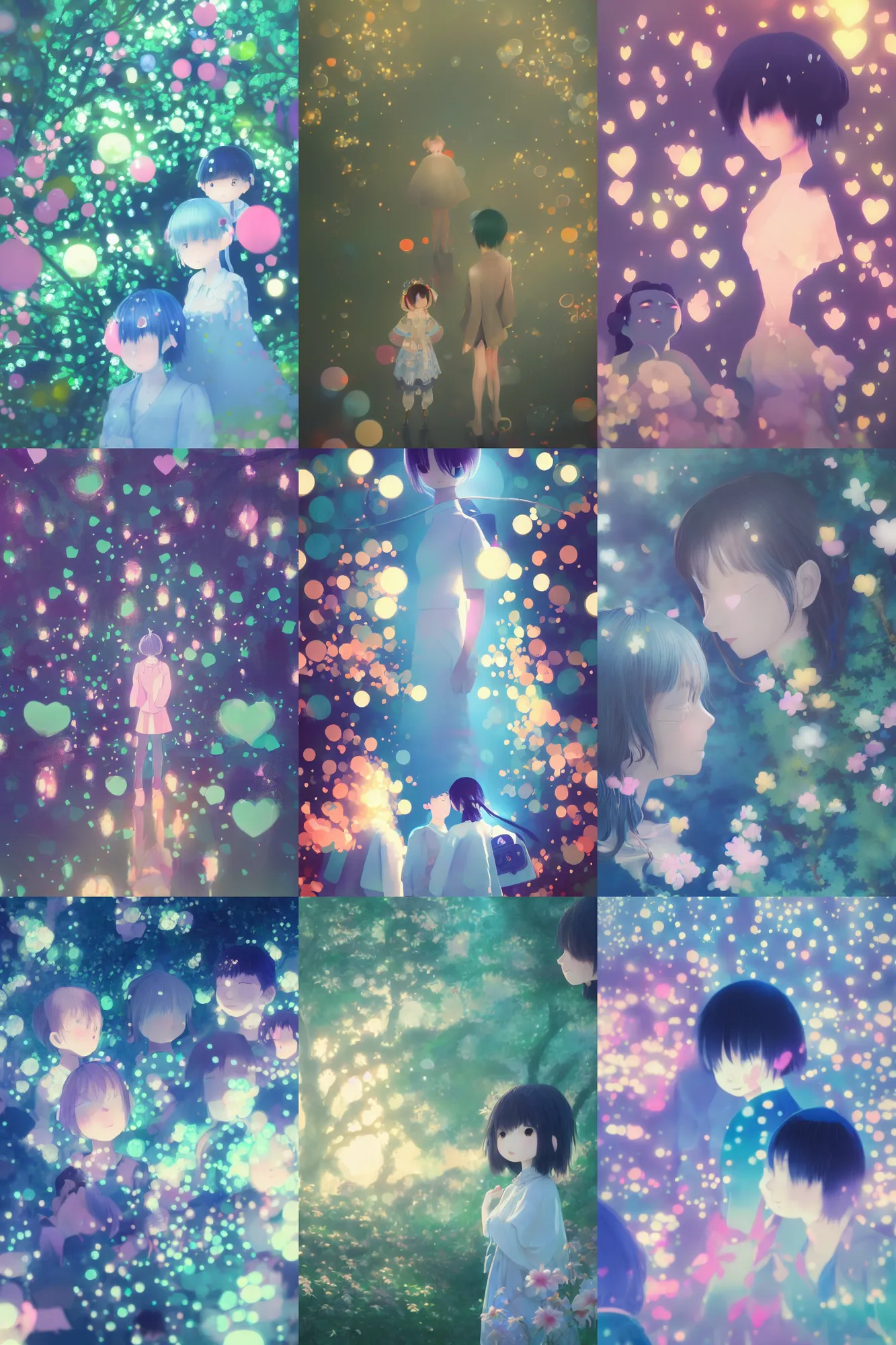 Prompt: artwork by Yoshitomo Nara, azure tones, Chiho Aoshima, soft bokeh, a Rendering of a cinematic beautiful closeup moment of friends standing facing toward their love, full of details, trending on artstation