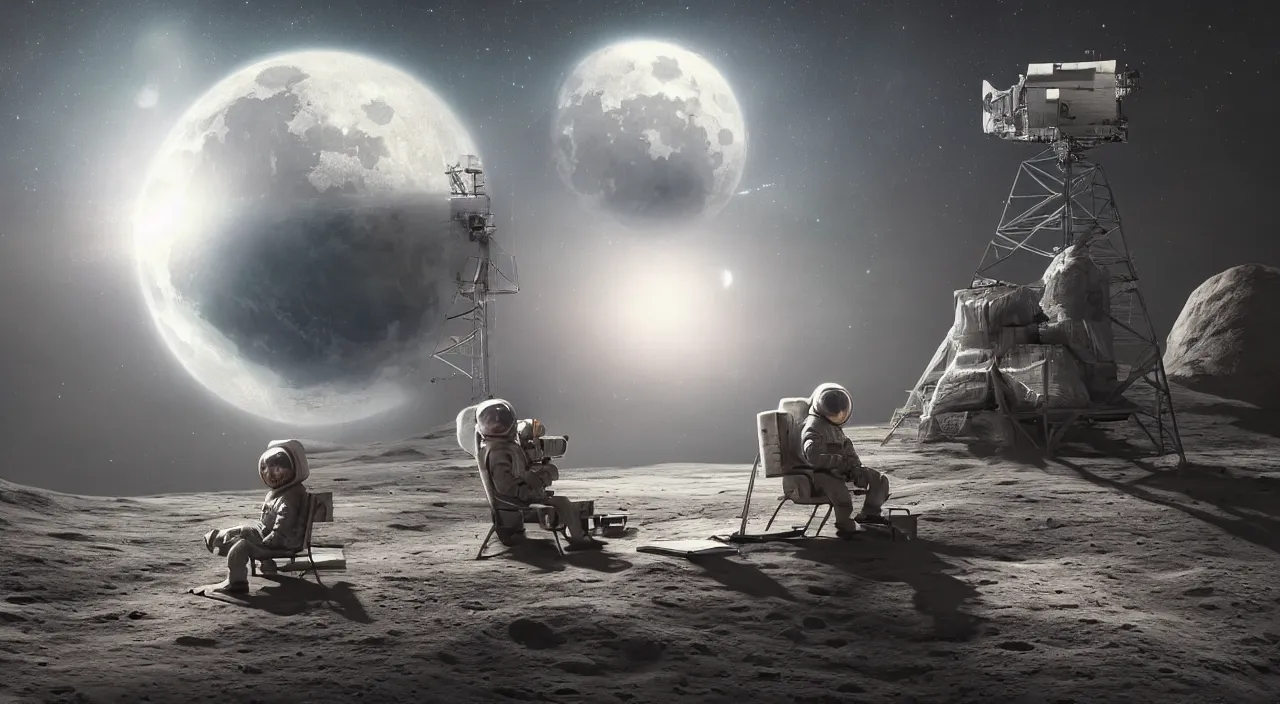 Image similar to hyper realistic matte painting of astronaut on the moon sitting on concrete bench in the foreground, back to the camera, reading book planet earth visible above horizon, back lighting, highly detailed, trending on artstation, concept art, art by jan matejko