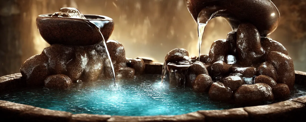 Image similar to an intricate detail of a large stone fountain of coffee mug with black coffee flowing in it and hot spring, fantasy, highly detailed, cinematic lighting, volumetric lighting, Artstation, concept art, hyper realistic, cgsociety