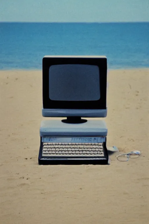 Prompt: a 1984 computer on the beach, In the style of John Baldessari.