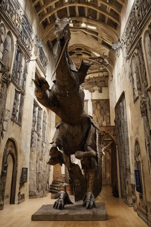 Image similar to medieval english, photo of stone statue, of a night in armor riding a dinosaur, romanesque style, in a large museum room