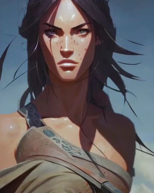 Image similar to azctec warrior, megan fox, high quality, detailed perfect face, exquisite details, fire magic, by studio muti, greg rutkowski makoto shinkai takashi takeuchi studio ghibli