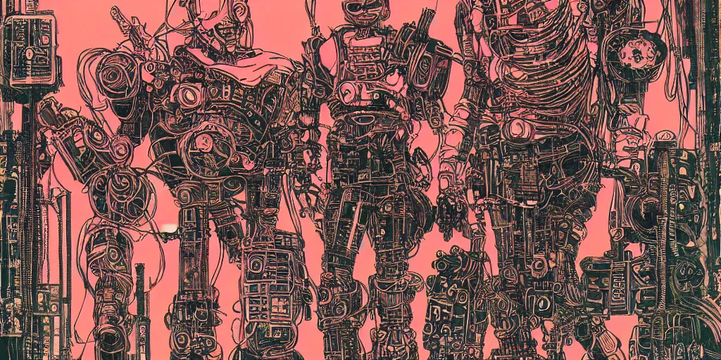Prompt: flowerpunk mech scally samurai - it's one character in a mask with a lot of wires and tubes like in a akira, risograph grainy painting, wrapped thermal background, by yoji shinkawa and moebius art, midshot wide portrait
