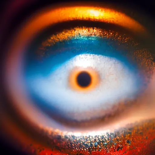 Prompt: a closeup portrait of the eye of the goddess of introspection, extreme chromatic aberration, anamorphic bokeh, long exposure photography, film, distortion, highly detailed, hyperrealism, cinematic