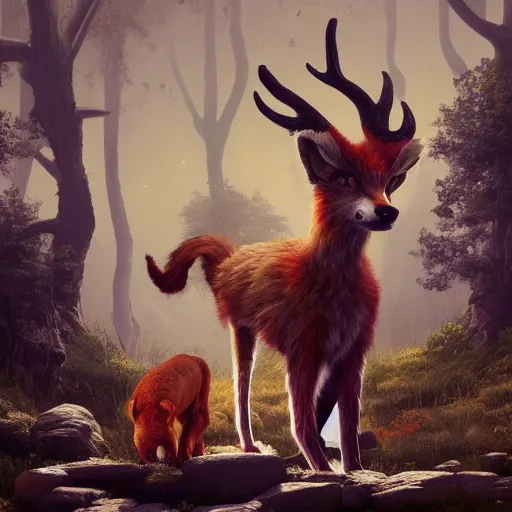 Image similar to Shamanpunk Fox Faun Portrait furry ears snout collar neck paws Antlers wearing a silken leotard ASPCA National Geographic Wikipedia Demiurge pet adoption quill splatterpaint 4k artstation unreal engine render simon stalenhag robert rauschenberg giorgio de chirico greg rutkowski