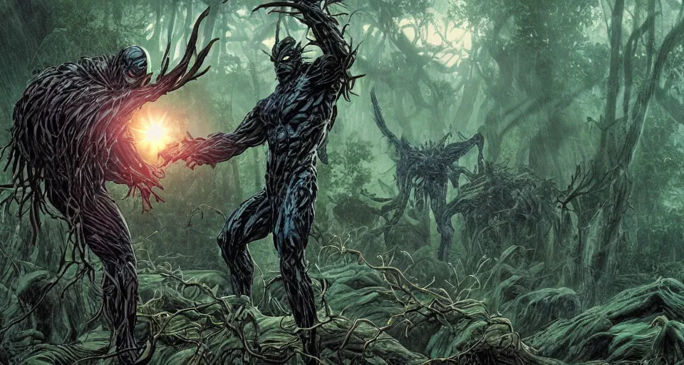 Prompt: Marvel Comics Man Thing Battles DC Comics Swamp Thing In A Misty Swamp, bats, sunset, volumetric lighting, hyperrealistic, beautiful details, HDR, octane render, action shot, wide angle, bokeh, Yasushi Niarasawa Moebius Jim Steranko Style