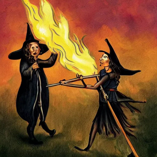 Prompt: a witch burning on stakes, but the fire is rainbows and smoke is spaziosa