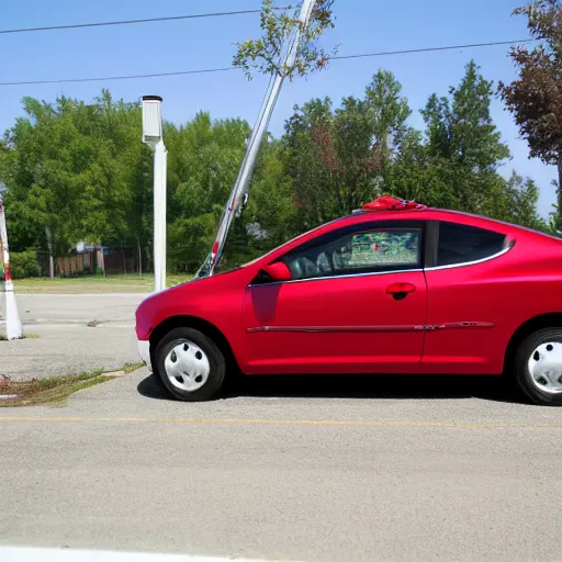 Image similar to 2007 red Chevy cobalt stuck atop a light post