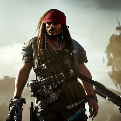 Image similar to captain jack sparrow in gears of war, gears of war, splash art, movie still, cinematic lighting, dramatic, octane render, detailed face, long lens, shallow depth of field, bokeh, anamorphic lens flare, 8 k, hyper detailed, 3 5 mm film grain