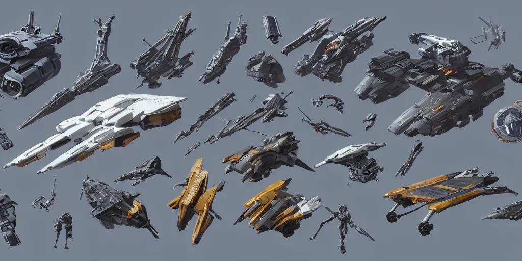 Image similar to Futuristic sci-fi props and gadget, hard surface, collection ,kitbash, parts, Shape and form, in watercolor gouache detailed paintings , hull, elite dangerous, star citizen , modular, pieces , golden ratio, mobius