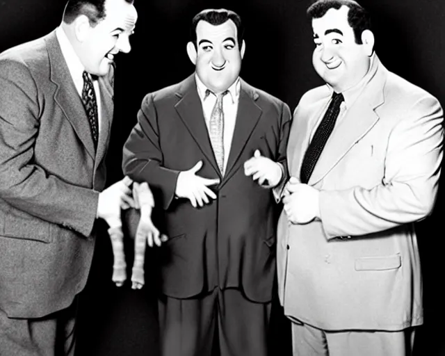 Prompt: Abbott and Costello meet a miniature Abbott and Costello