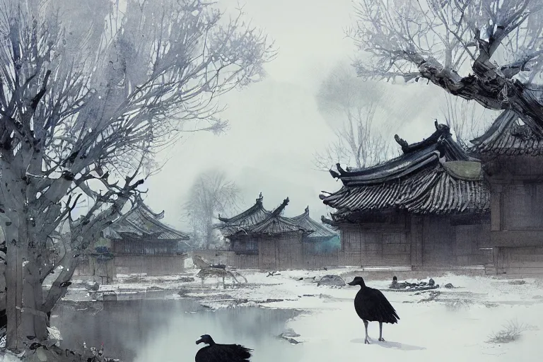 Image similar to a big mean goose, chinese village, trees, school, snow and winter watercolor, artastation ， soft lighting. by wenjun lin, tony sandoval