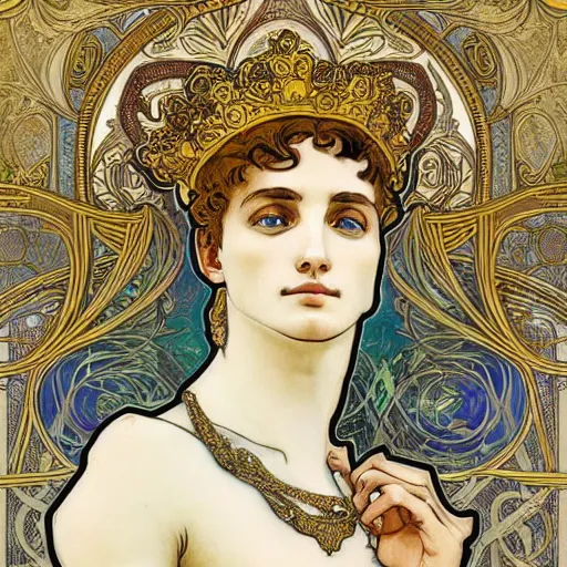 Image similar to an ornate white and gold acrylic painting of a roman emperor, in the style of alphonse mucha