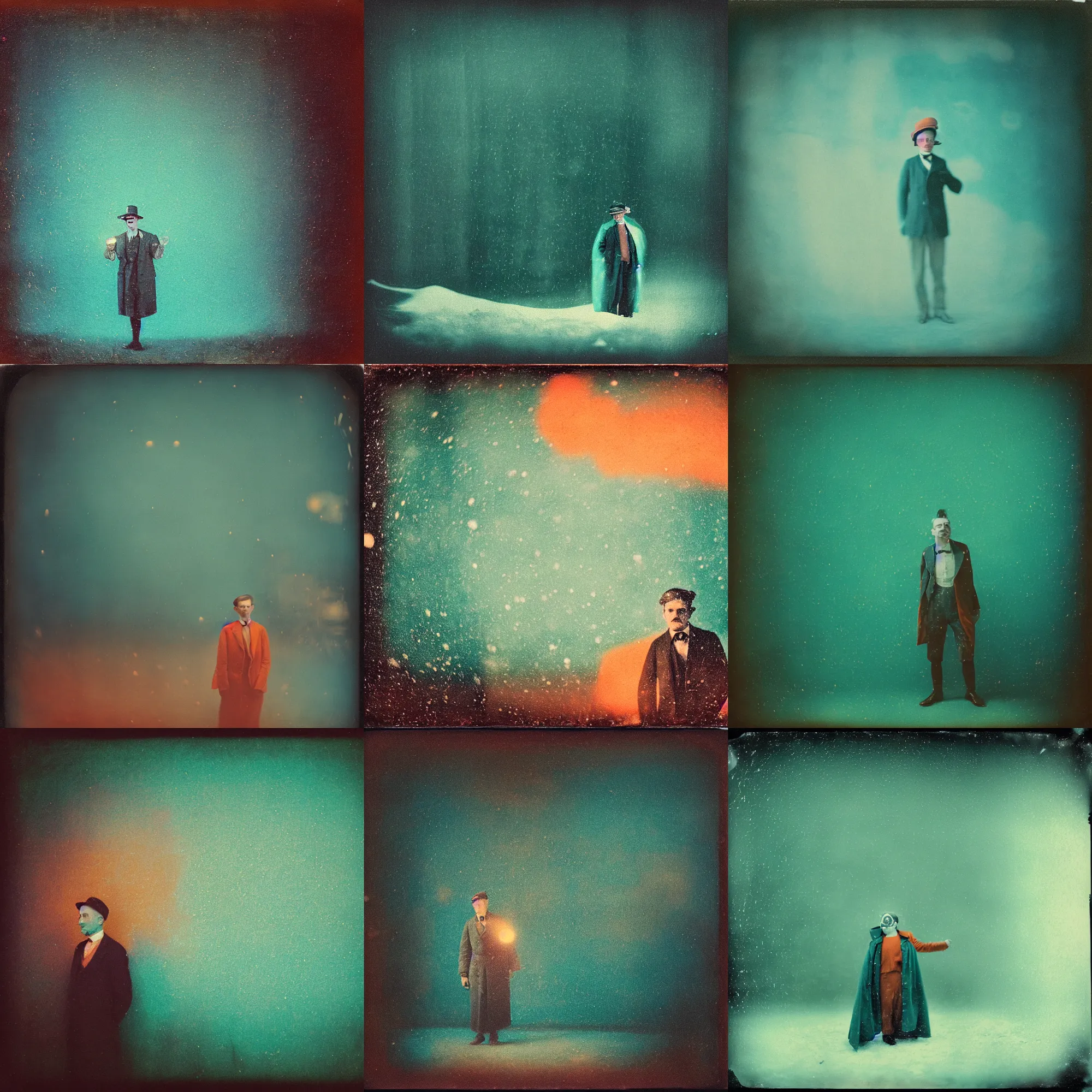 Image similar to kodak portra 4 0 0, wetplate, muted colours, teal orange, 1 9 1 0 s style, motion blur, portrait photo of a backdrop, sparkling, stargazer, snow, fog, by georges melies and by britt marling