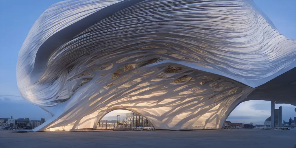 Image similar to extremely detailed ornate stunning sophisticated beautiful elegant futuristic museum exterior by Zaha Hadid, stunning volumetric light, sunset, concrete ant translucent material, stunning skies, 8k dragonfly structural pattern