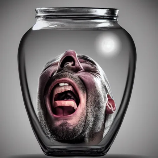 Image similar to a screaming man trapped in a jar