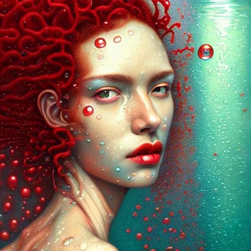 Prompt: wet beautiful face of a woman with red curly submerged in water and Casey Weldon and Chie Yoshii, particulate, water bubbles, rich colors, intricate, elegant, highly detailed, centered, digital painting, artstation, concept art, smooth, sharp focus, illustration, octane render