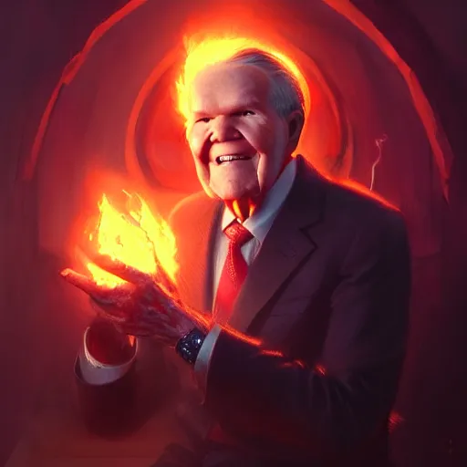 Image similar to pat robertson enjoying his time in hell, greg rutkowski, trending on artstation, 8 k